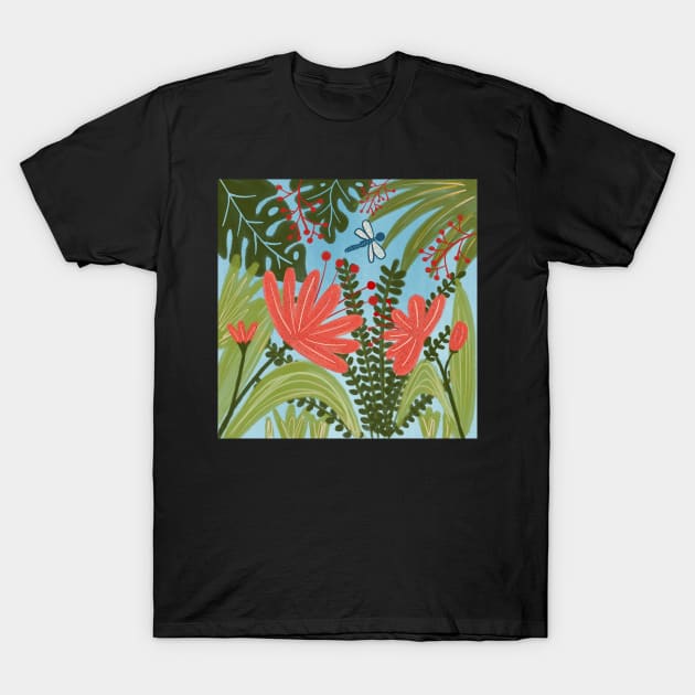 Jungle flowers with blue dragonfly T-Shirt by FrancesPoff